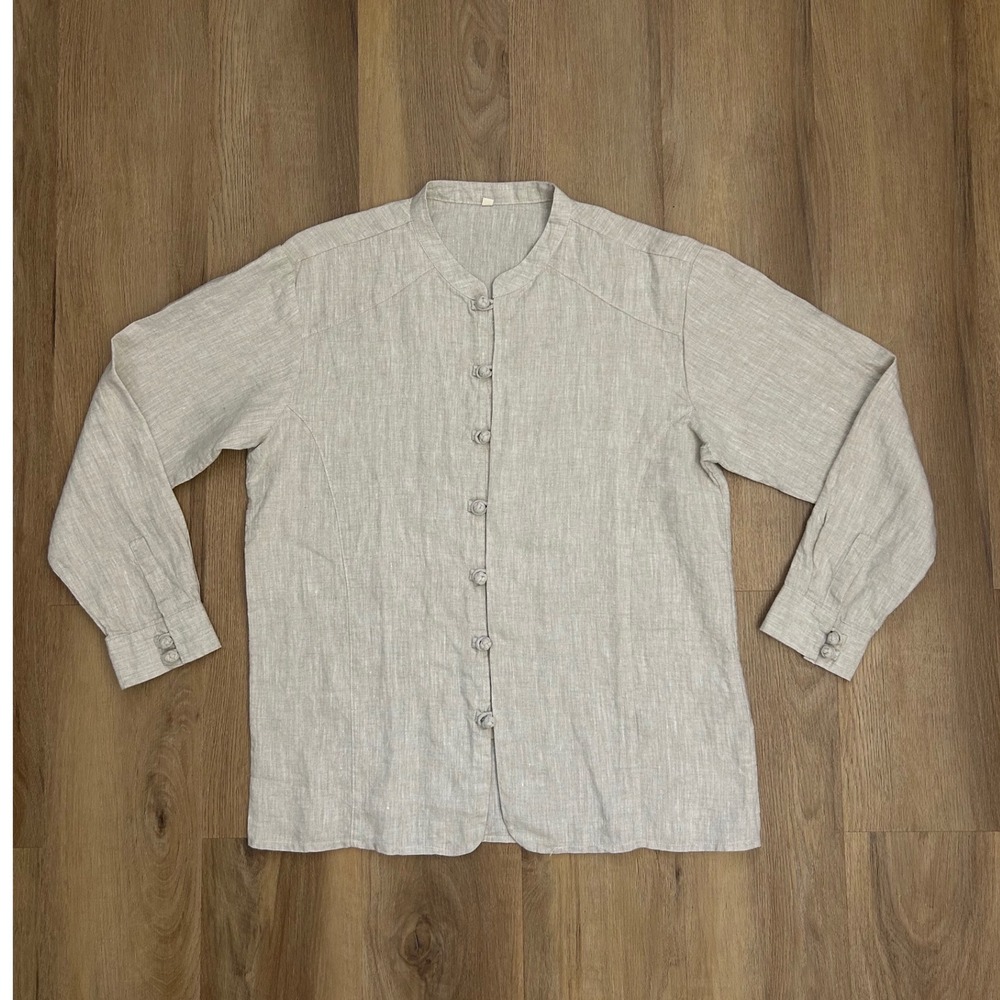 100% Linen Mandarin Collar Frog Button Shirt Beige XL tunic longsleeve preppy